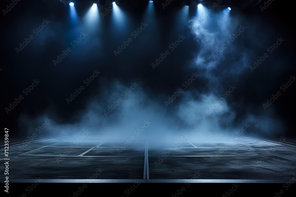 The dark stage shows, blue background, an empty dark scene, neon light, spotlights The asphalt floor and studio room with smoke float up the interior texture