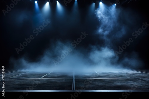 The dark stage shows, blue background, an empty dark scene, neon light, spotlights The asphalt floor and studio room with smoke float up the interior texture