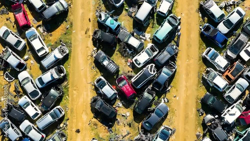 Aerial view parking lot damaged cars aftermath of accidents. Aerial vertical, vertical video background. photo