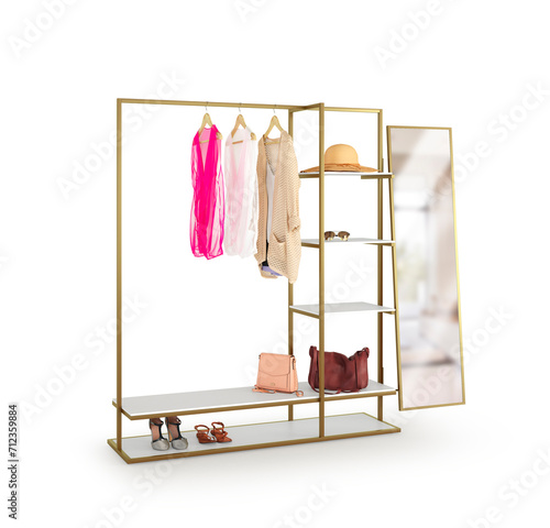 Rack. Clothes rack with mirror, isolated on white background. 3d illustration