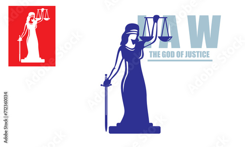 THEMIS THE LADY JUSICE LOGO, silhouette of great woman with sword and scales, vector illustrations