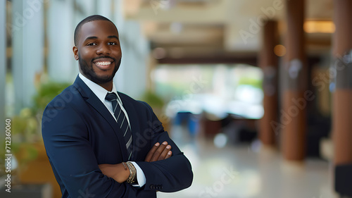 a black male business man smiling and standing confidently in an office building © Artistic Visions