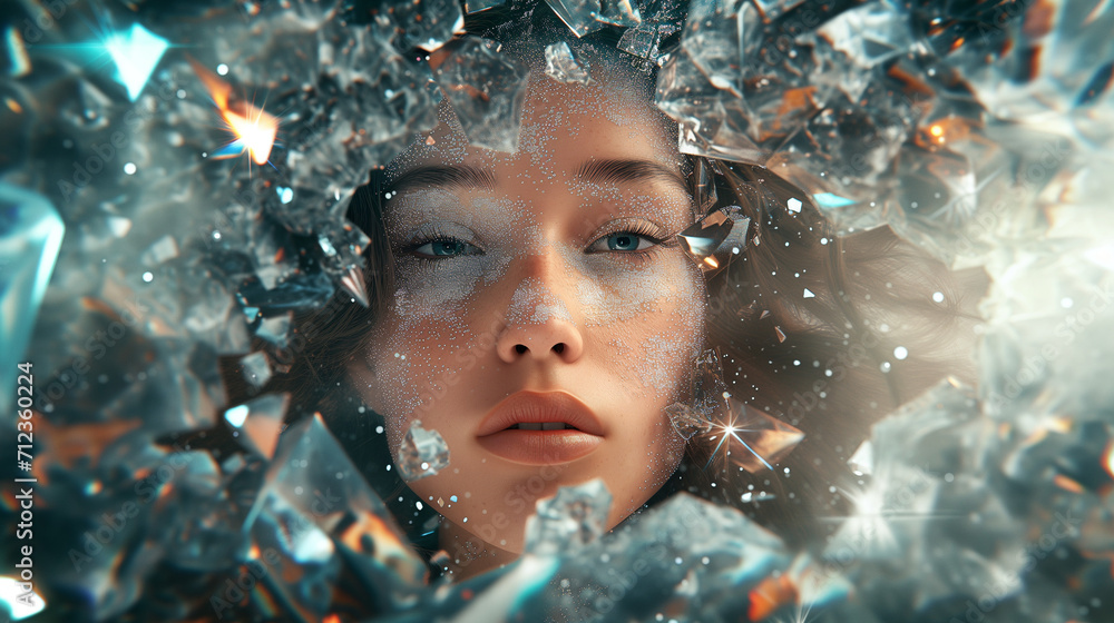 Fototapeta premium A girl made of crystals and diamonds, Overhead perspective