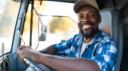 a black male truck driver smiling while driving a truck
