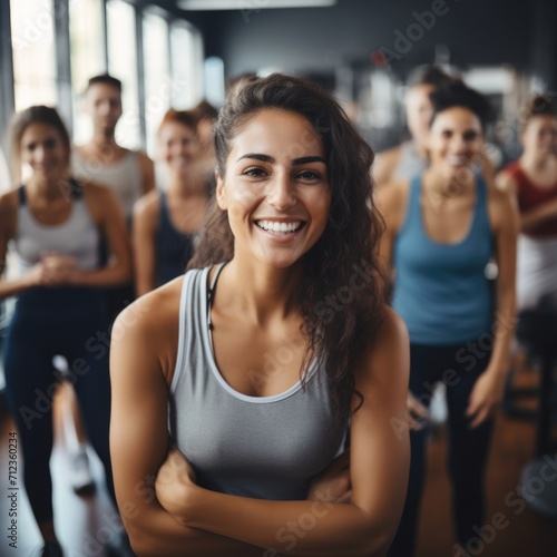 Portrait of an attractive fit woman in the gym against a background of people