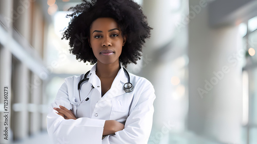 a black woman doctor wearing a white lab coat and standing confidently