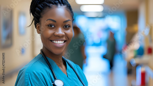 a friendly smiling black female nurse wearing scrubs in a hospital