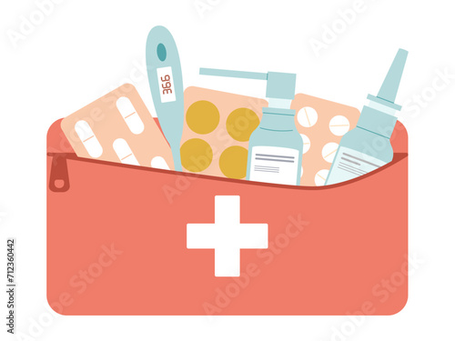 First aid kit with pills, medicines and thermometer. Flat vector illustration