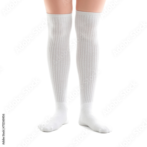 Legs of young woman in knee socks on white background