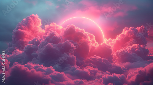 a single simple puffy light pink cloud with a circle in the sky with pink lights photo