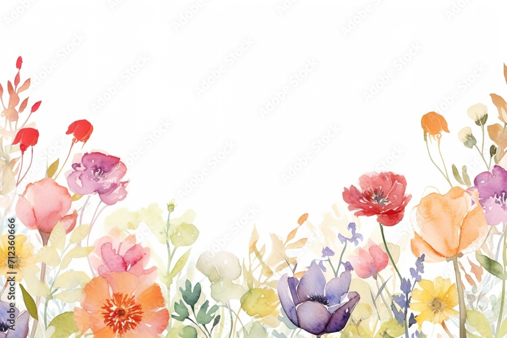 Watercolor Blank greeting card template with beautiful flowers around