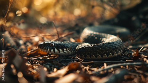The snake slithers along the ground. Created with Generative Ai technology.