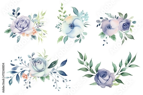 Watercolor floral illustration bouquet set - collection of green blush blue yellow pink frame, border, bouquet; wedding stationary, greetings, wallpaper, fashion, posters, background. Leaves, rose