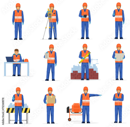 Set of fat factory worker man different posses flat style