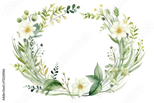 Watercolor floral wreath. Hand painted frame of greenery, wildflowers, herbs. Green leaves, field flowers isolated on white background. Botanical illustration for design, print or background
