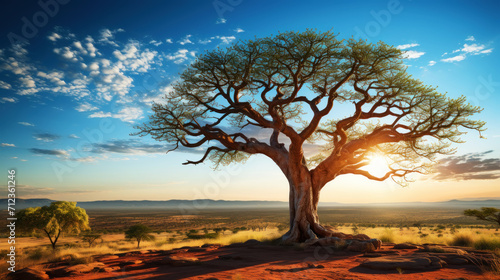 Close-up of a baobab tree against a desert background. Scorching heat  sunshine. Desert landscape. Generative AI