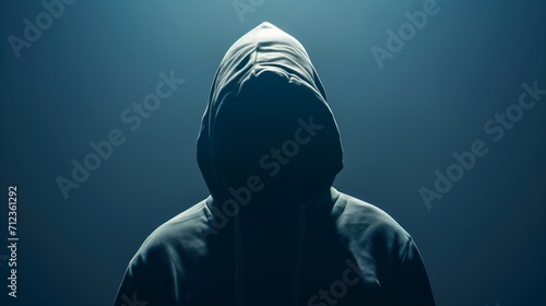 Mysterious Backlight Silhouette of a Hooded Man in a Gray Studio photo