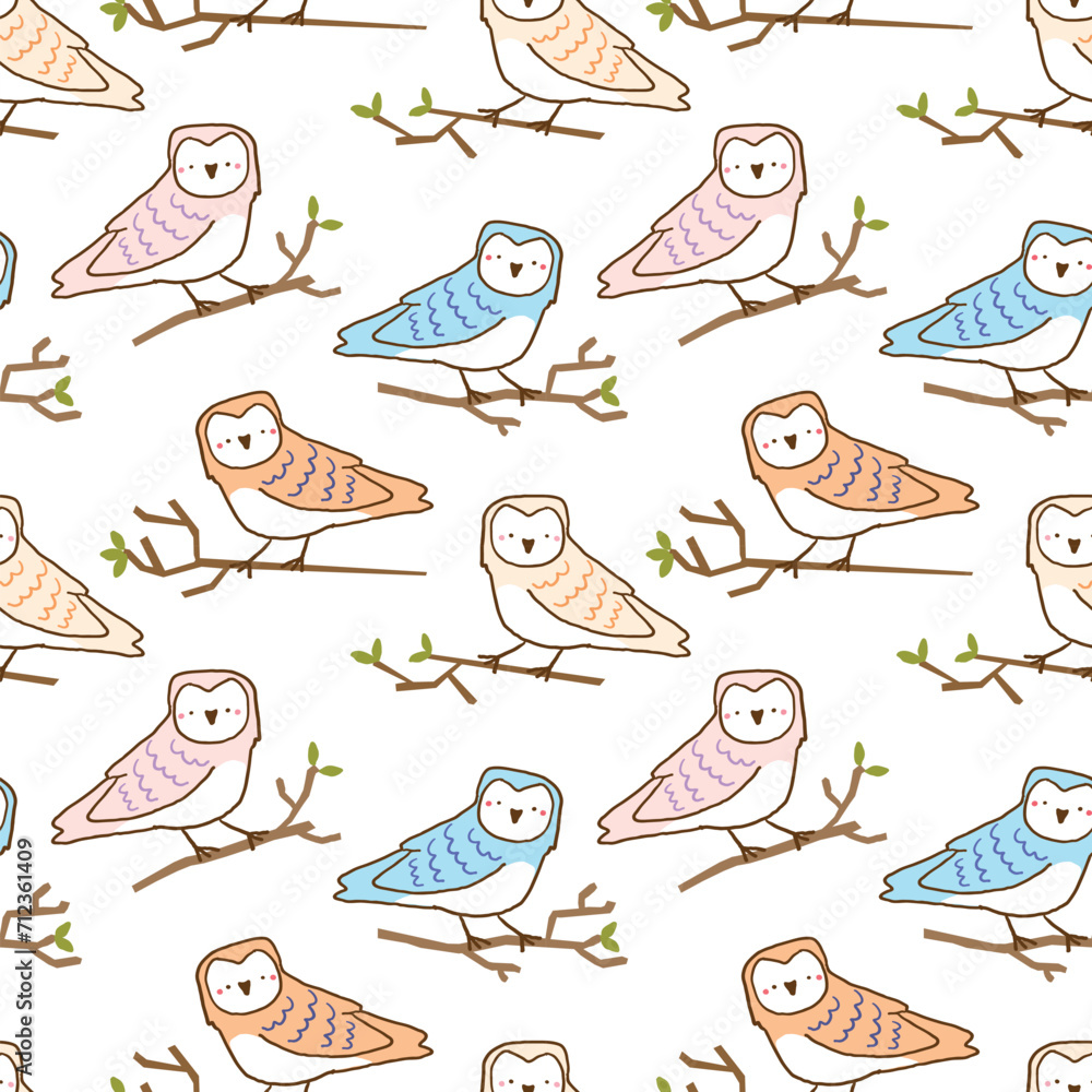 Seamless Pattern of Cartoon Owl Design on White Background	