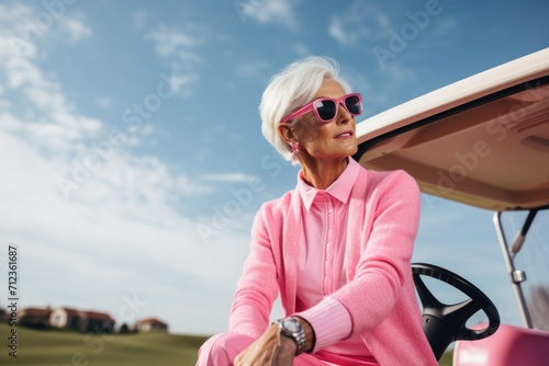 Portrait of an active elderly woman in pink clothes near a golf car photo