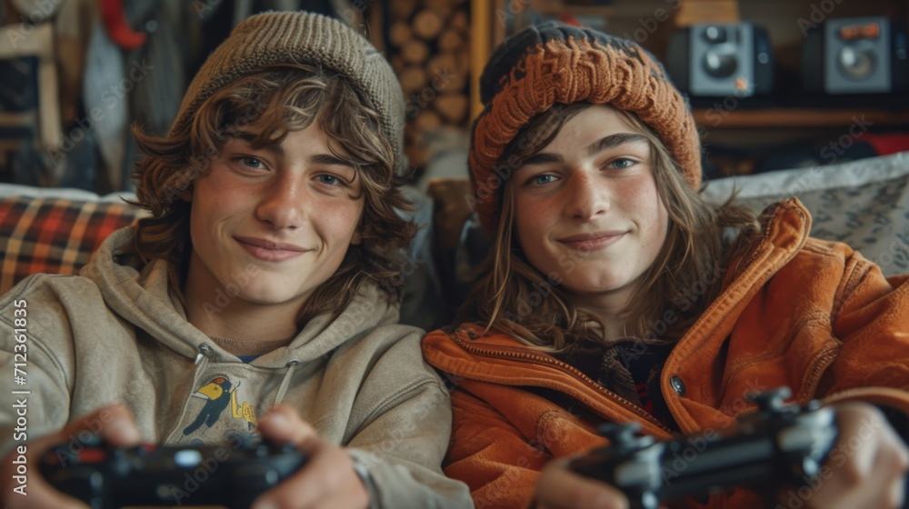 2 adolescents qui jouent à la console de jeu dans leur chambre 2 adolescents qui jouent à la console de jeu dans leur chambre