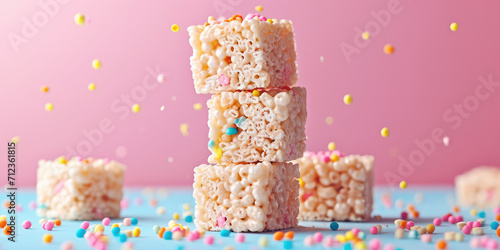Stacked Rice Cereal Treats on Pastel background with copy space. Rice cereal marshmallow squares snack. photo