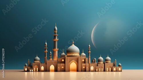 3D Eid Mubarak Design. Eid al-Fitr with crescent moon mosque and lanterns on light background. generative ai