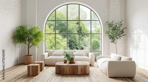 an attractive living room with an arched window, in the style of pastel toned, organic minimalism