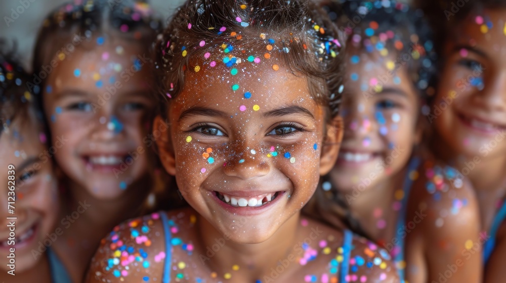 enfants avec des confettis sur le visage pendant un anniversaire enfants avec des confettis sur le visage pendant un anniversaire