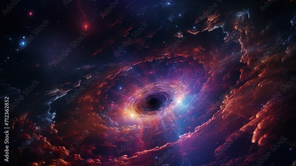 Obraz premium Abstract Dreamy Background Wallpaper Template of a Black Hole amid Nebula Sparkling Stars Stardust Outer Space Galaxy Universe Astro Cosmos Sci Fi Online Game Fantasy Colorful Tone 16:9 