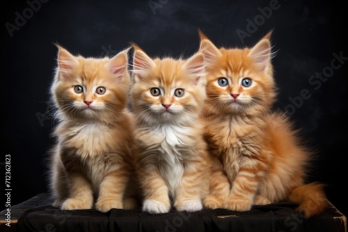 Three friendly red-haired kittens on a black background. The concept of animal nutrition © Александр Лобач
