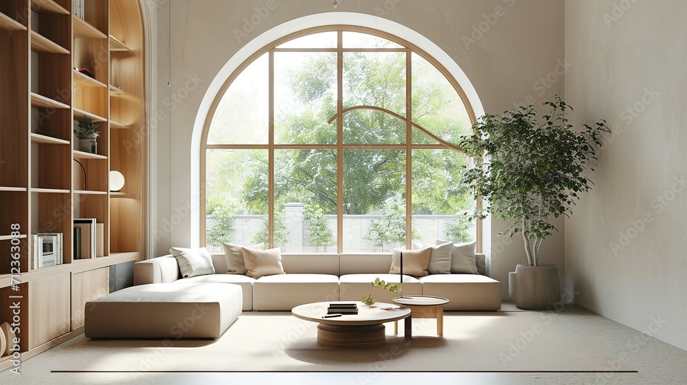 an attractive living room with an arched window, in the style of pastel toned, organic minimalism an attractive living room with an arched window, in the style of pastel toned, organic minimalism