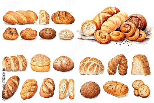 watercolor cartoon illustration collection set, fresh vintage bread look tasty, isolated on white background, idea for sticker and junk journal clipart, Generative A