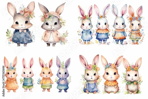 watercolor cartoon style illustration of cute bunny rabbit walking in flower garden, collection set, Generative Ai 