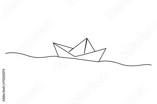 paper boat Continuous line drawing. sailboat in big waves of sea. Business icon. Vector illustration.
