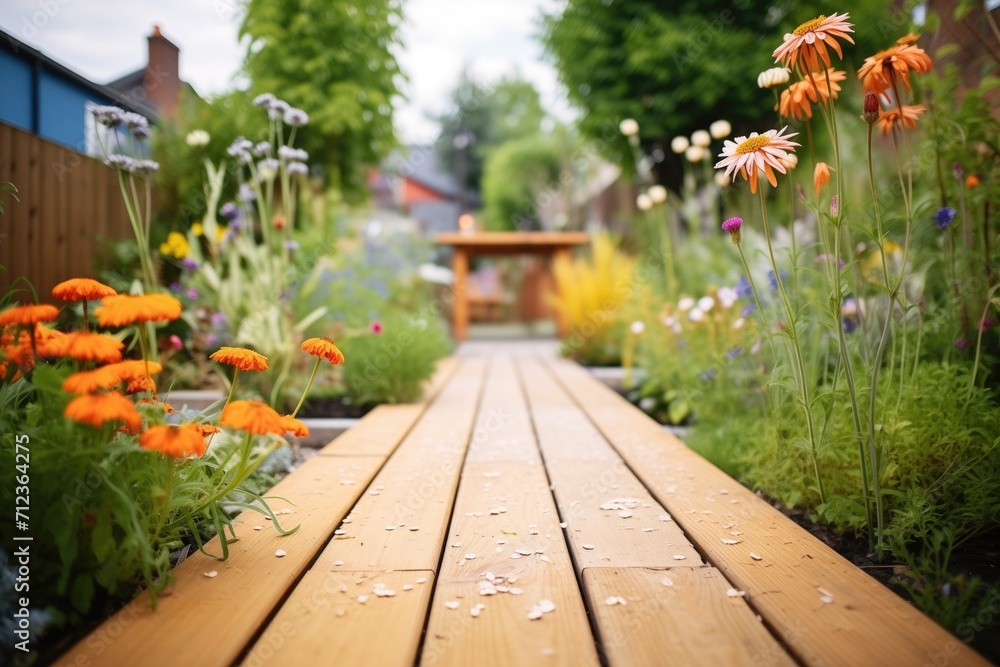Obraz premium wooden plank pathway through a garden
