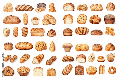watercolor cartoon illustration collection set, fresh vintage bread look tasty, isolated on white background, idea for sticker and junk journal clipart, Generative A photo