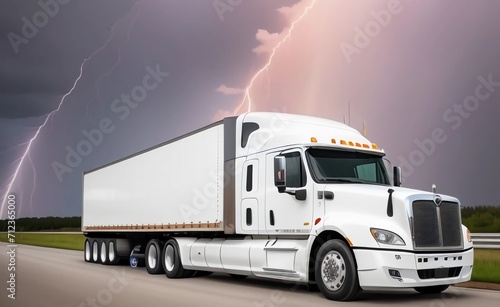 white truck on the road transport transportation car ups, fedex, amazon, delivery, logistic, supply chain, warehouse, forklift. Generated AI