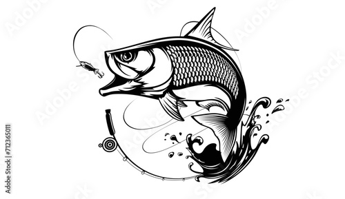 Tarpon fish skeleton. Tarpon fish emblem. Fishing theme illustration. Fish Isolated on white.