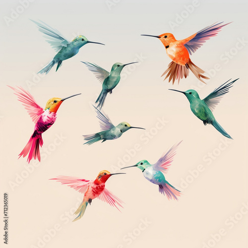  Small tropical hummingbird birds with bright wings in flight  on a light background  flowing colors of a watercolor illustration.The concept of making postcards  invitations  prints