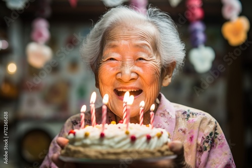 An elderly Asian woman blows out candles on a birthday cake in her home