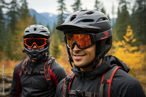 Two motorbike riders in helmets and goggles posing for a portrait in the tranquil forest setting