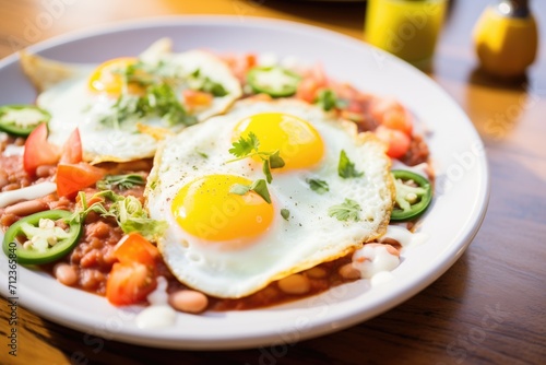 breakfast huevos rancheros with a sunny side up egg and beans