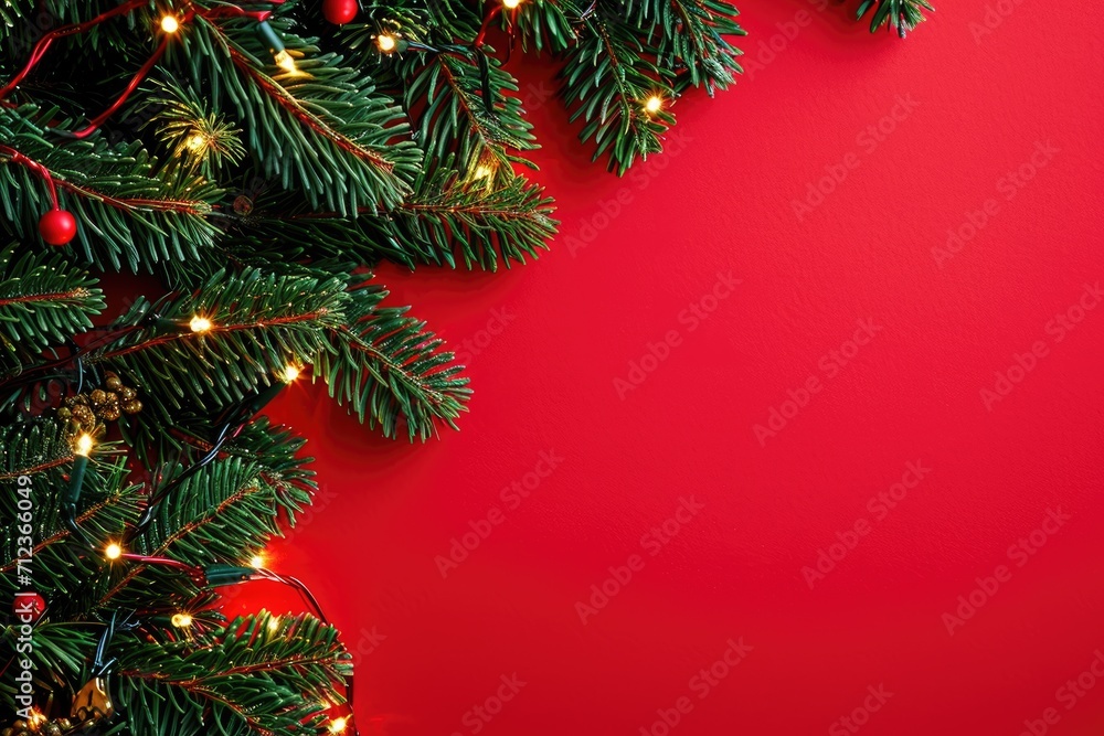 Christmas red background with Christmas green tree branches Christmas red background with Christmas green tree branches