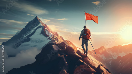 Hiker man heading to mountain top where there is a flag on top photo
