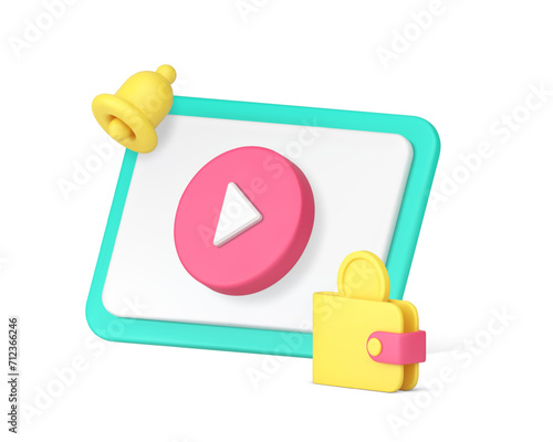 Paid subscription money via internet online channel video broadcasting 3d icon realistic vector