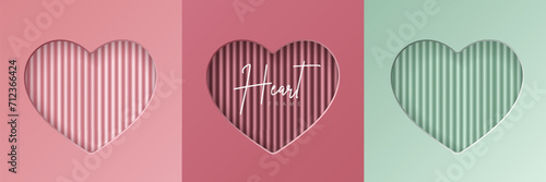 Set of pastel pink and mint green soft 3D heart shape frame design. Collection of geometric backdrop for cosmetic product display,  valentine day festival design,  presentation, banner, cover and web.