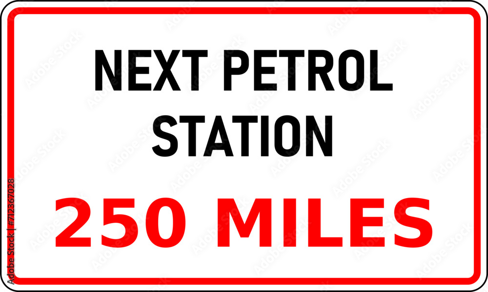 Vector graphic of road sign showing the next internal combustion (ice) fuel station is 250 miles away. Useful for journey planning Vector graphic of road sign showing the next internal combustion (ice) fuel station is 250 miles away. Useful for journey planning