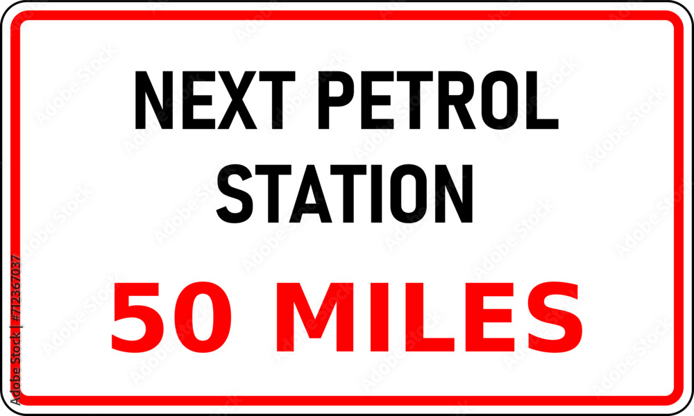 Vector graphic of road sign showing the next internal combustion (ice) fuel station is 50 miles away. Useful for journey planning Vector graphic of road sign showing the next internal combustion (ice) fuel station is 50 miles away. Useful for journey planning