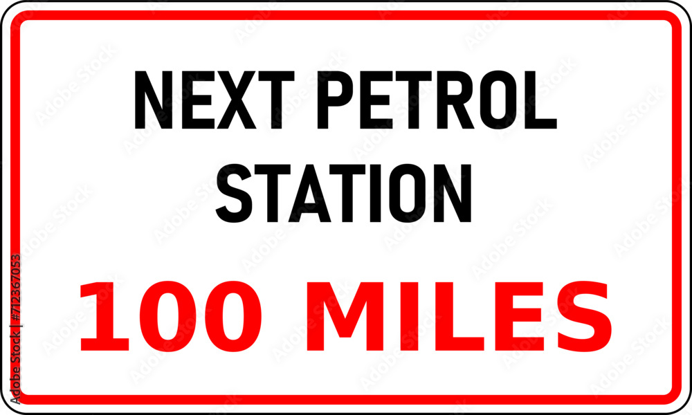 Vector graphic of road sign showing the next internal combustion (ice) fuel station is 100 miles away. Useful for journey planning Vector graphic of road sign showing the next internal combustion (ice) fuel station is 100 miles away. Useful for journey planning