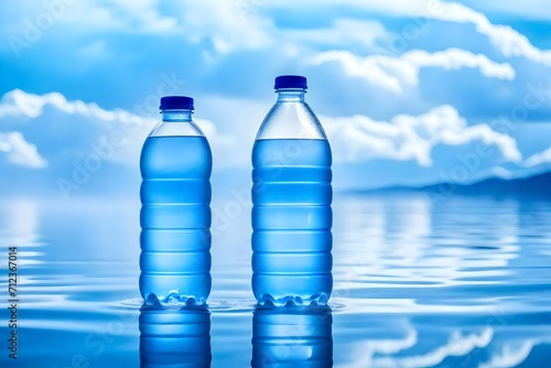 two mineral water bottles  in clouds , beverage branding template , blue sky